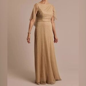Oleg Cassini Women's Gold Metallic Shawl Maxi Evening Gown Mother of Bride 4